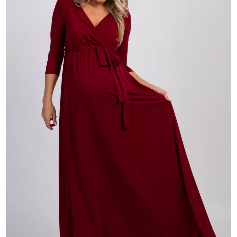 PinkBlush Burgundy Draped 3/4 Sleeve Maternity Maxi Dress
